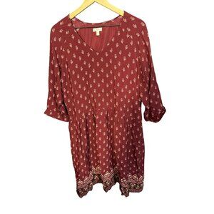 Garnet Hill Womens Maroon Floral‎ Tunic Dress Size 16 3/4 Sleeves V-Neck Made In